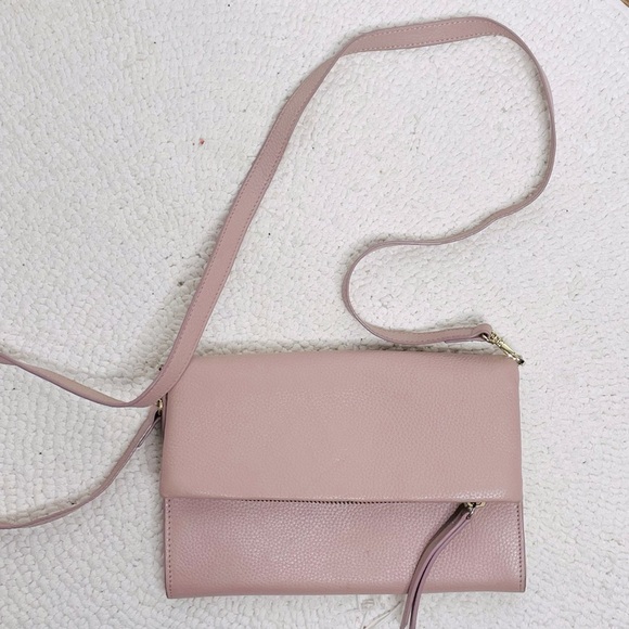 Nordstrom fold over Crossbody Clutch bag blush pink leather w/ adjustable strap - Picture 1 of 15